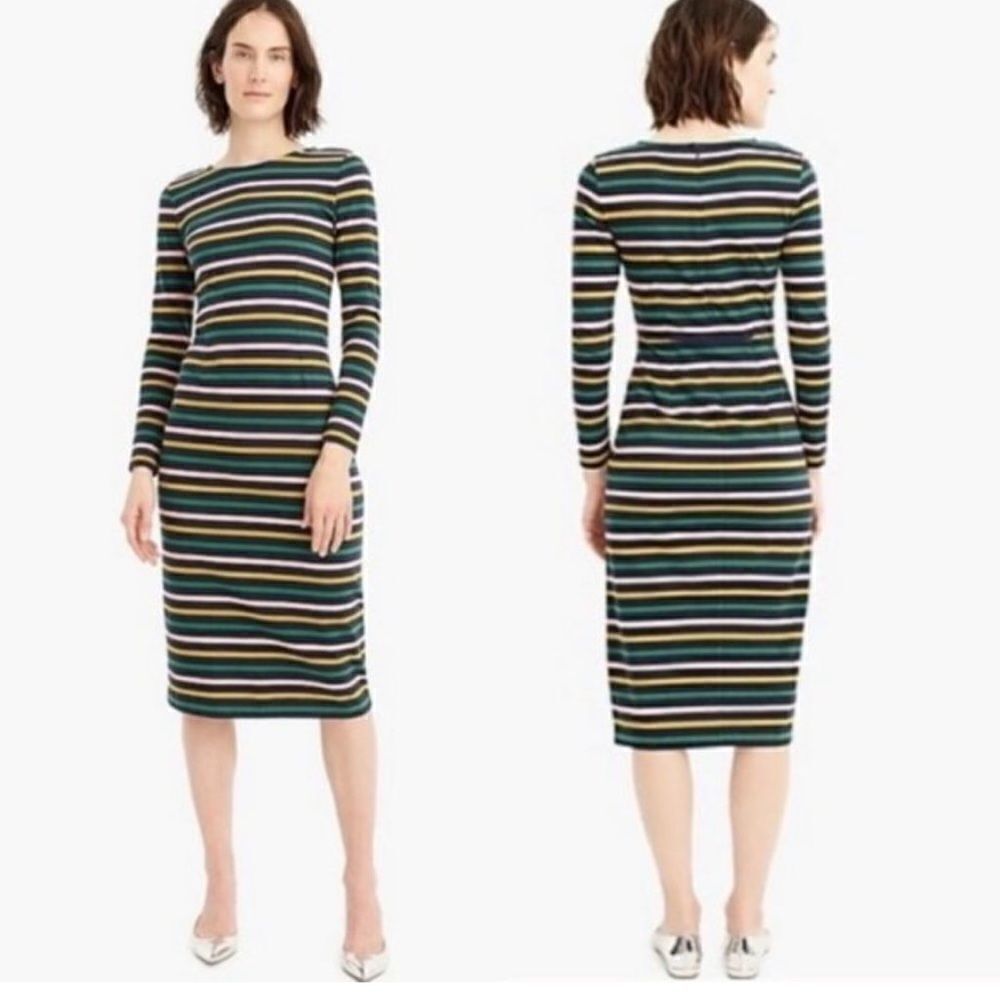 J Crew Striped Long Sleeve Midi Dress Size 4 Green Blue White Style G7980 Sheath